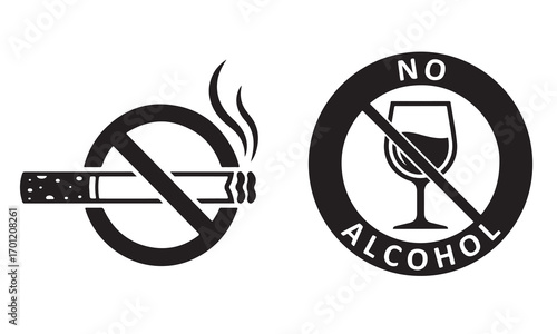 No Smoking and No Alcohol Signs. Vector icon set for prohibition, warning, and restricted areas.