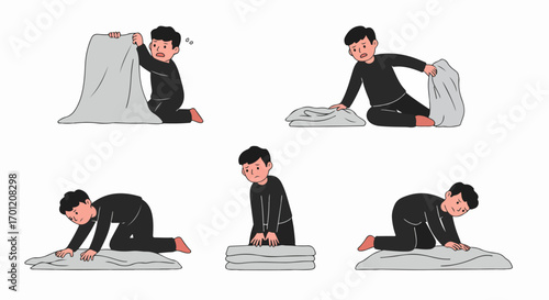 An illustration of a man reluctantly folding laundry, showing the step-by-step process of turning a messy pile into a neat stack of clothes.