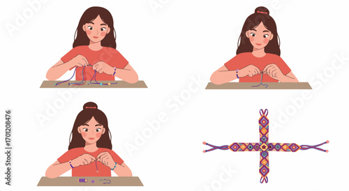 Illustrated steps of a young woman crafting colorful friendship bracelets and a decorative thread cross, showcasing DIY creativity with beads and yarn.