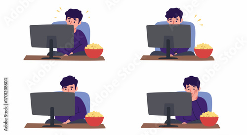 Man experiencing a range of emotions from excitement to disappointment while watching content on a computer with popcorn.