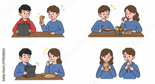 Young couple's casual dining experiences with technology: enjoying meals, sharing snacks, and digital interaction in everyday life.