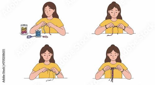 Step-by-step illustration of a woman making a colorful braided friendship bracelet, showcasing the creative process and DIY craft.