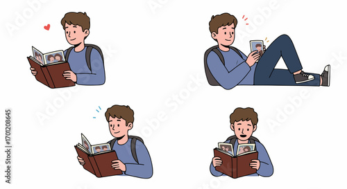Young man reminiscing, looking at old photos in an album and on a smartphone, connecting with memories.