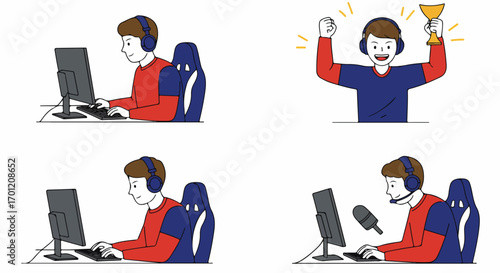 Esports player gaming, streaming, and celebrating victory with a trophy. Online competitive gaming concept.