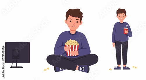 Young man enjoying a movie night at home with popcorn and a drink. Relaxed guy watching television, indulging in snacks and entertainment.