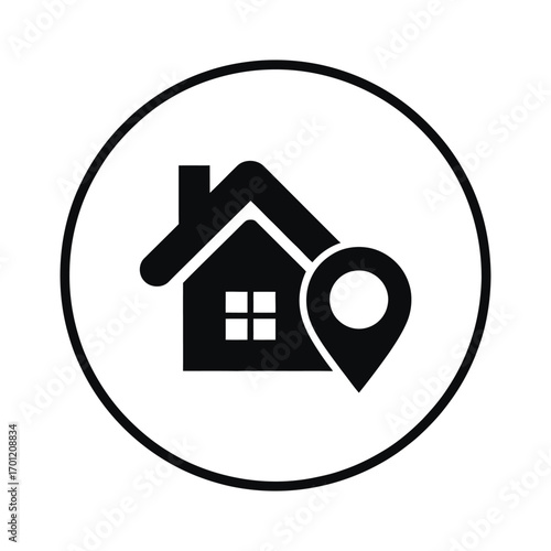 Black and white icon representing a house with a location pin indicating a specific address or destination
