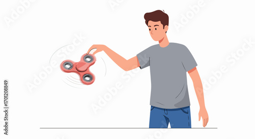 Young man spinning a red fidget spinner, a popular modern toy for stress relief and focus.