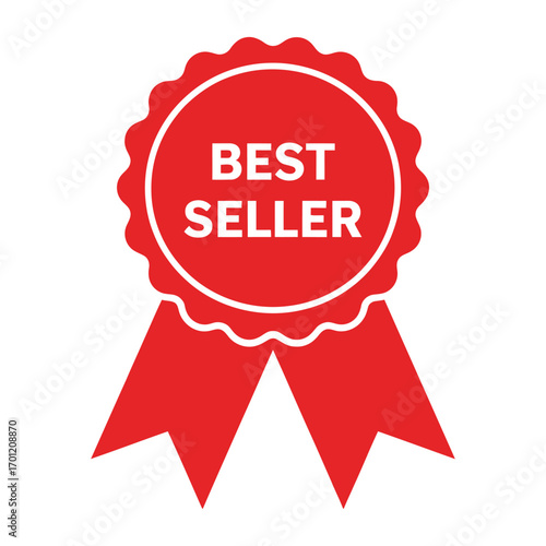 Bright red best seller ribbon badge with white text and scalloped edges