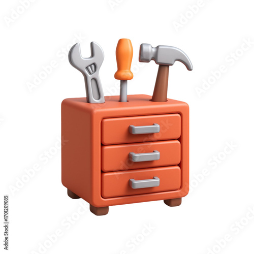 Cartoon toolbox with wrench screwdriver and hammer isolated on transparent background