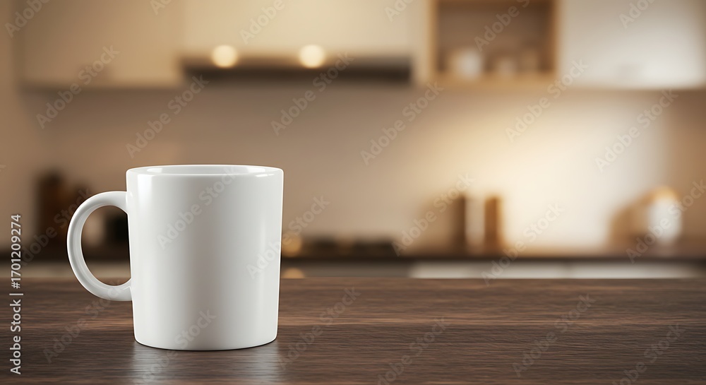 Fototapeta premium White mug on a wooden table in a warm kitchen setting.