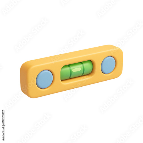 Yellow spirit level with green bubble and blue ends isolated on transparent background