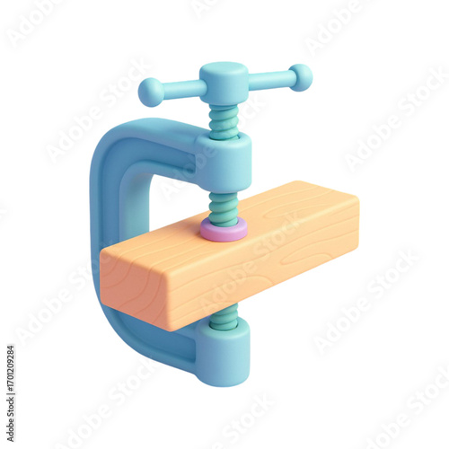 Cartoon c clamp holding a wooden block isolated on transparent background