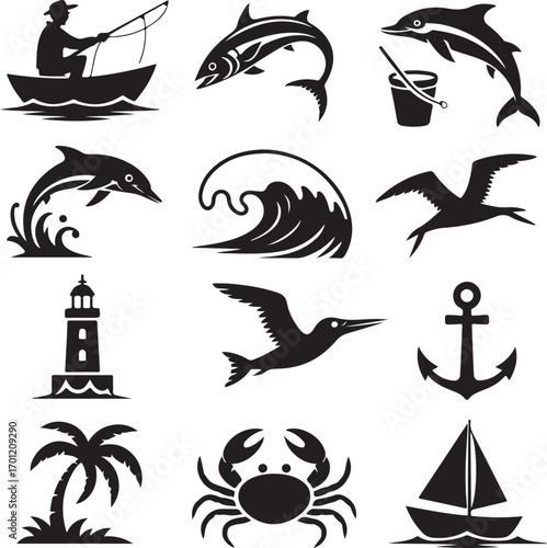 Black Silhouette Icons Of Fishing Dolphin Wave Lighthouse Anchor Crab And Sailboat fisherman