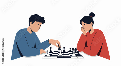 Two people playing chess, demonstrating strategy, focus, and intellectual challenge in a modern flat design.
