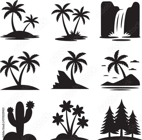 Black Silhouette Icons Of Tropical Islands Waterfall Cacti And Pine Trees palm tree