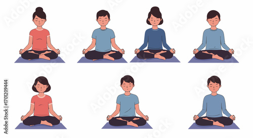 Diverse group meditating in lotus pose: Vector illustrations of men and women practicing mindfulness on yoga mats for peace and wellness.