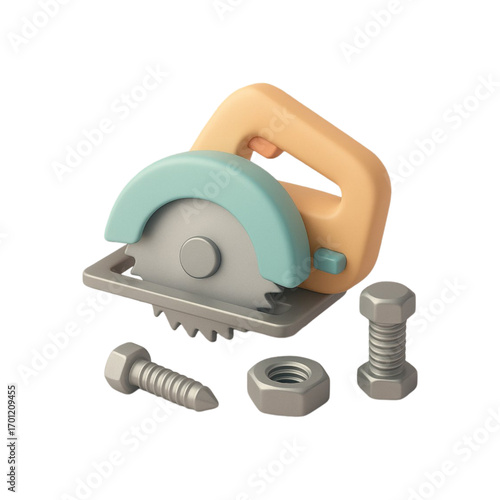 Cartoon circular saw and fasteners isolated on transparent background
