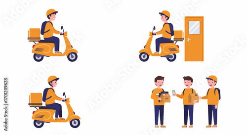 Efficient Online Delivery Service Illustrations: Courier on Scooter Transporting and Handing Over Packages to Customers