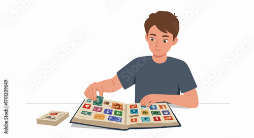 Young man engrossed in his stamp collection, carefully placing colorful postage stamps into a philately album. A focused hobbyist enjoying a relaxing pastime.
