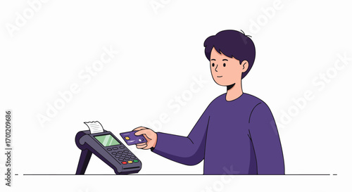 Young man making a quick and easy contactless payment with a credit card at a modern point of sale (POS) terminal, illustrating modern transaction methods.