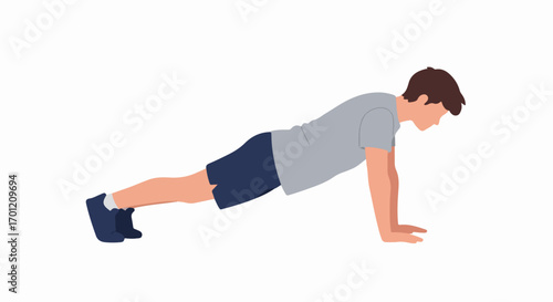 Young man in a gray t-shirt and blue shorts performs a plank exercise, demonstrating fitness and core strength on a white background. Flat illustration.