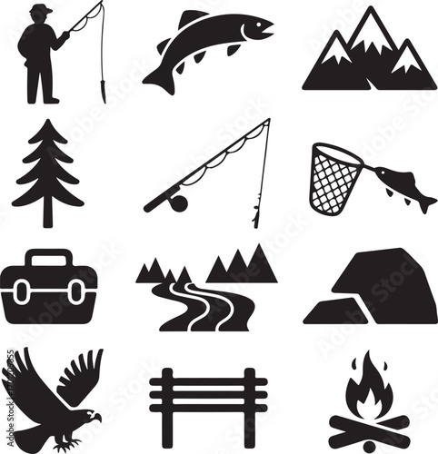 Group of black silhouette icons depicting fishing and outdoor adventure Keywords: fisherman, fishing