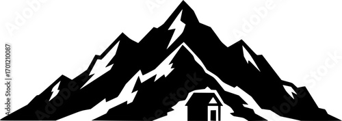 Silhouette of Jagged Mountain Face with Cabin - Vector Art
