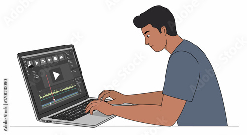 Man editing video content on a laptop, using professional software for digital media creation, focusing on the screen and keyboard.