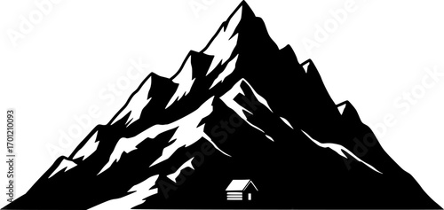 Silhouette of Jagged Mountain Face with Cabin - Vector Art
