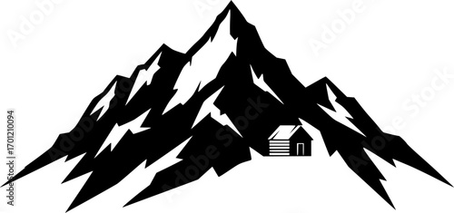 Silhouette of Jagged Mountain Face with Cabin - Vector Art
