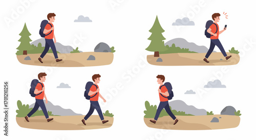 Cartoon hiker walking outdoors, with and without a smartphone, enjoying nature and digital connection.