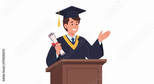Smiling graduate in cap and gown delivering a commencement speech at a podium, proudly holding a diploma, celebrating academic success and future prospects.
