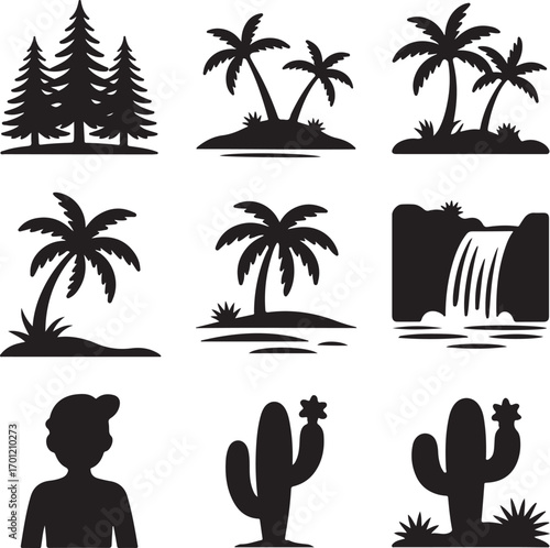 Tropical Island and Desert Landscape Icon Set With People Keywords: palm trees, island, tropical