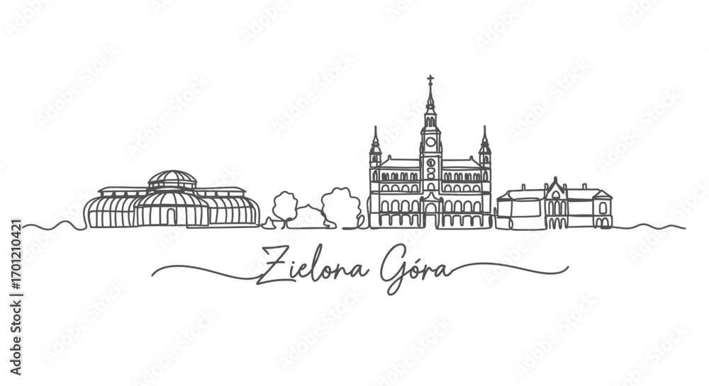 Naklejka premium Zielona Gora Skyline with Poland, and One Line Art.