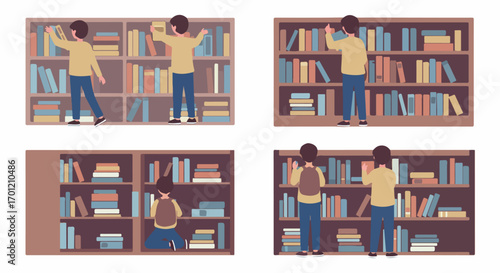 Person interacting with bookshelves, selecting and organizing books in a library or home study illustration set.