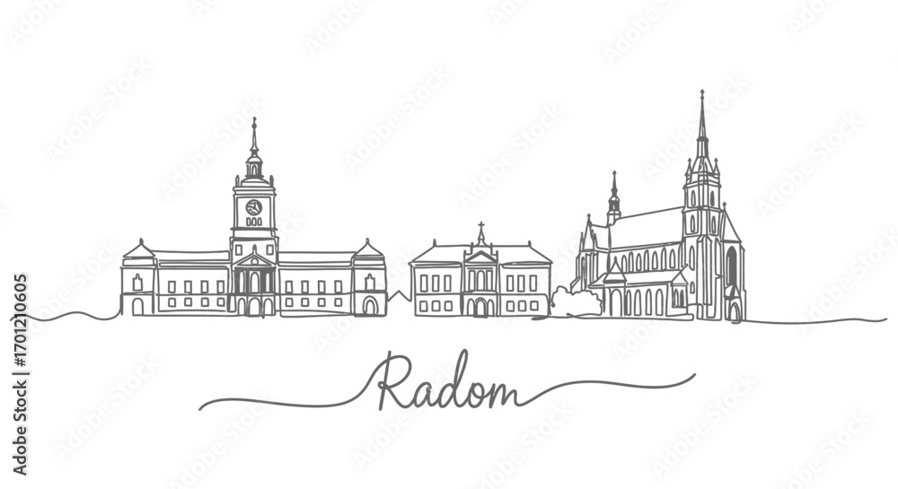 Obraz premium Radom City Skyline with Poland, and Single Line Art.