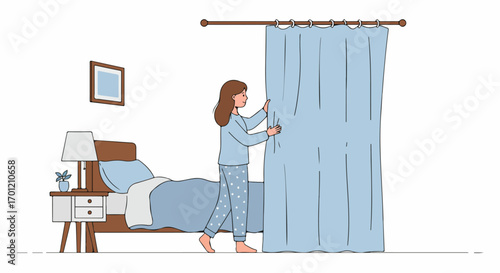 Woman in pajamas opening curtains in a bedroom, morning routine, home comfort.