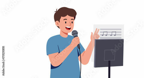 Cheerful young man enthusiastically singing karaoke with a microphone, making a peace sign gesture while following music notes, a vibrant flat vector illustration.