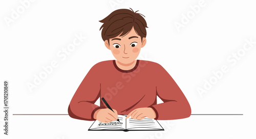 Focused young person writing in a notebook with a pen at a desk, engaged in studying or taking notes against a clean white background.
