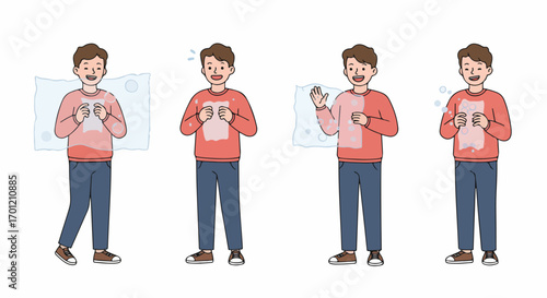 Smiling young man interacting with a transparent, bubbly barrier, symbolizing personal space, protection, health, or fresh air concepts in various poses.