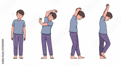 Illustrated sequence of a young man performing morning stretches, from feeling tired to achieving flexibility and a sense of wellbeing.