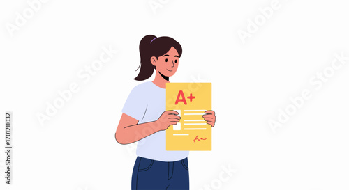 Happy student celebrating excellent academic achievement, holding up a report card with an A+ grade, symbolizing success and educational excellence.