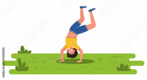 Cheerful person doing a handstand on green grass, an energetic outdoor activity and playful exercise, depicted in a bright flat illustration style, representing balance and fun.
