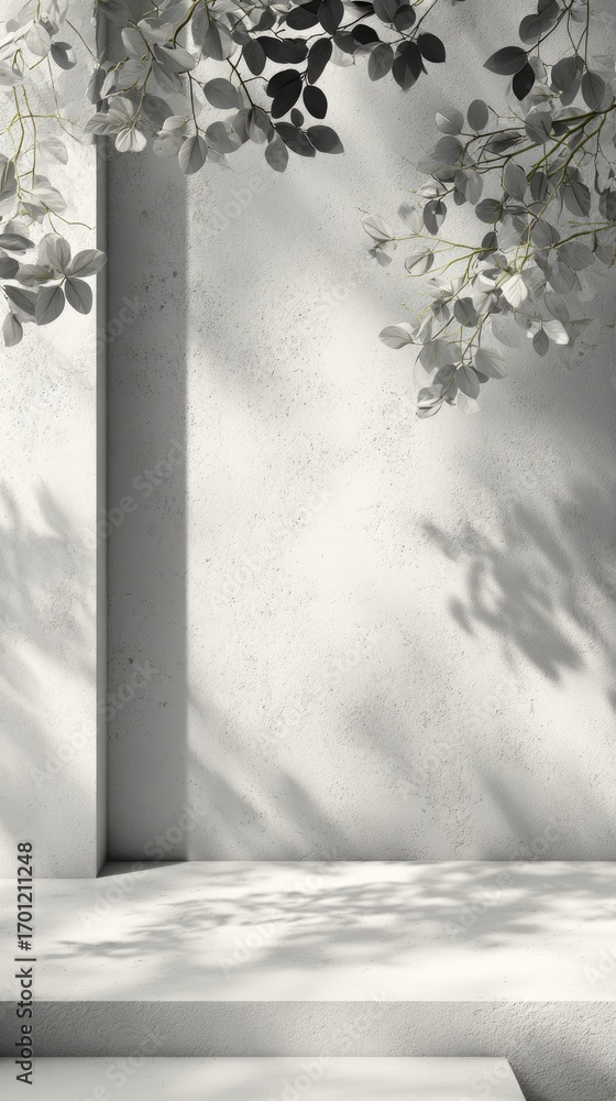 Fototapeta premium Empty Gray Concrete Stage With Leaves And Shadows