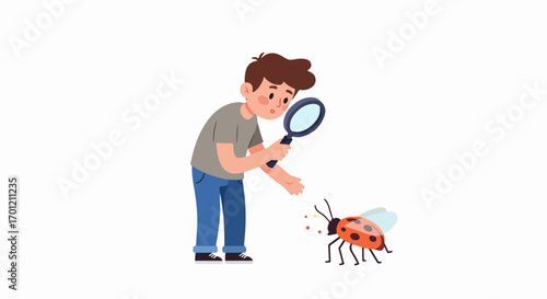 Young boy's scientific discovery of a ladybug using a magnifying glass, embracing nature and fostering curiosity.