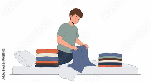 Young man meticulously folding laundry on a bed, demonstrating household chores, home organization, and everyday life routines with neatly stacked clothes.