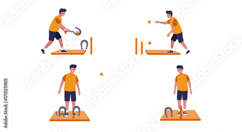 Flat illustration of a man engaging in outdoor recreational games like horseshoe pitching and ball toss, demonstrating different actions.