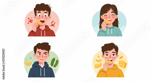 Illustrations of people experiencing diverse food tastes: spicy, sweet, sour, and savory snacks, showcasing varied preferences and reactions to different flavors.