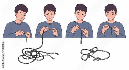 Young man organizing a tangled chain, illustrating problem-solving, systematic process, and achieving order from disorder in a step-by-step visual guide.