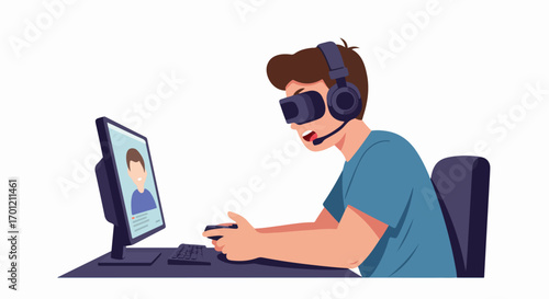 Young man with VR headset and gaming headphones holding a controller, engaged in online gaming or a virtual reality experience with a monitor displaying a video call.
